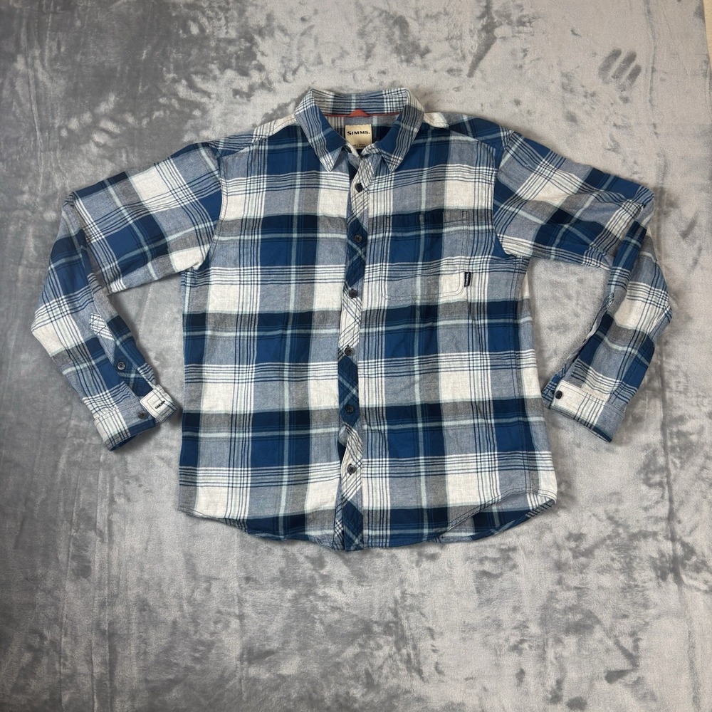 Simms Button Down Flannel‎ Shirt Plaid Mens Medium Fishing Hunting Blue